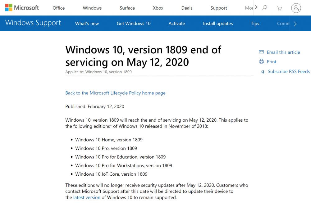 উইন্ডোজ ১০ ভার্সন ১৮০৯ এর সাপোর্ট বন্ধ করে দিচ্ছে মাইক্রোসফট
