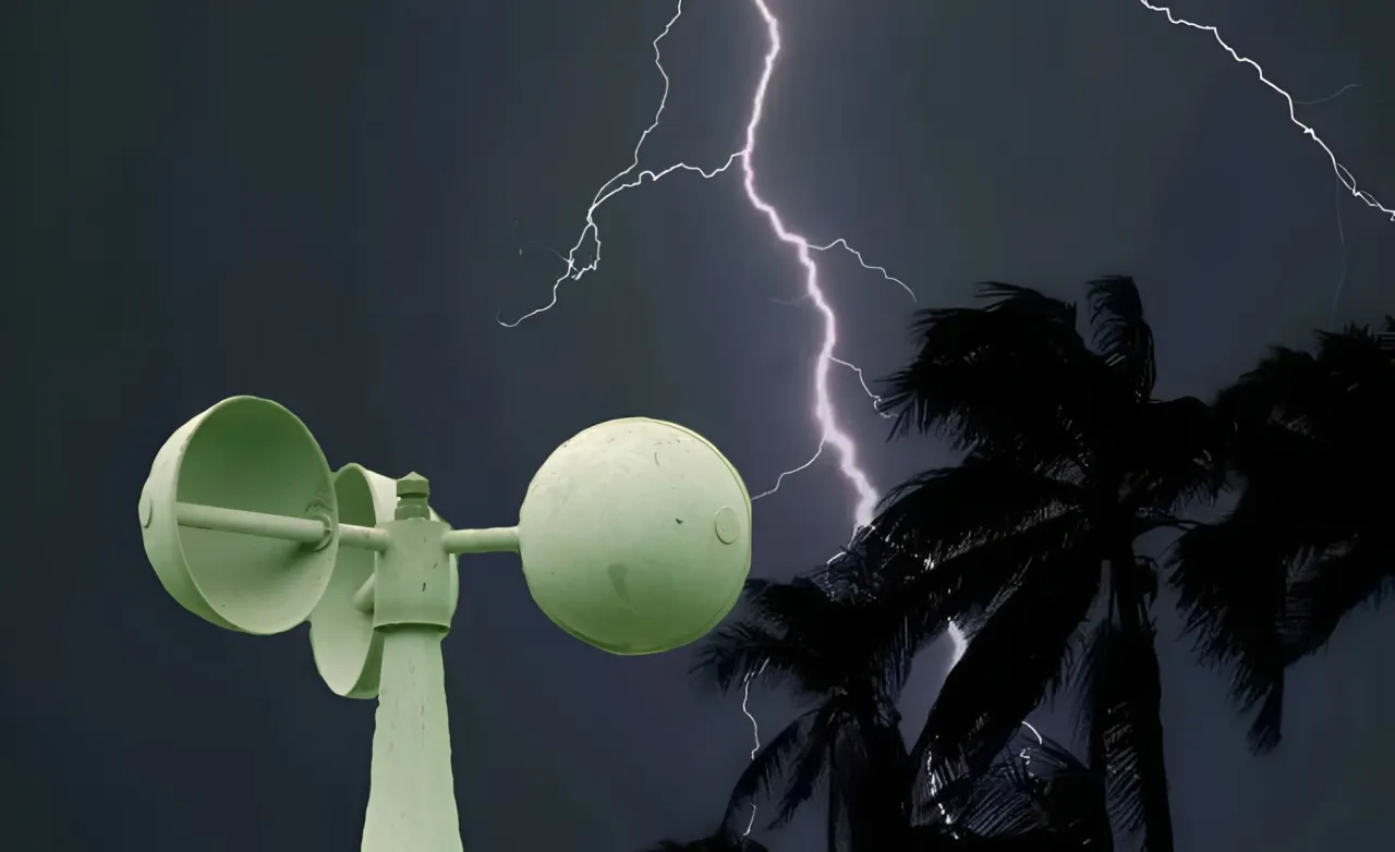 Lightning strikes near a warning siren.