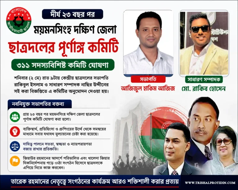 ময়মনসিংহ দক্ষিণ জেলা ছাত্রদলের ৩১১ সদস্যের পূর্ণাঙ্গ কমিটি ঘোষণা
