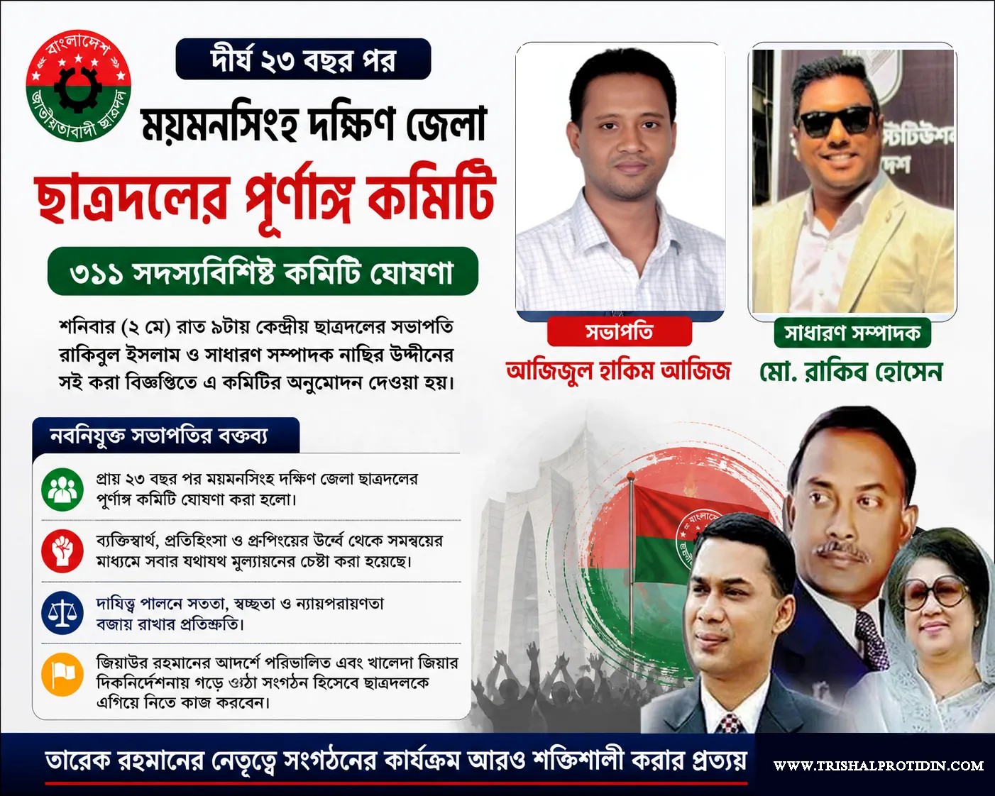 ময়মনসিংহ দক্ষিণ জেলা ছাত্রদলের ৩১১ সদস্যের পূর্ণাঙ্গ কমিটি ঘোষণা